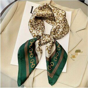NEW Designer Inspired Green and Gold Equestrian Print Mulberry Silk Scarf